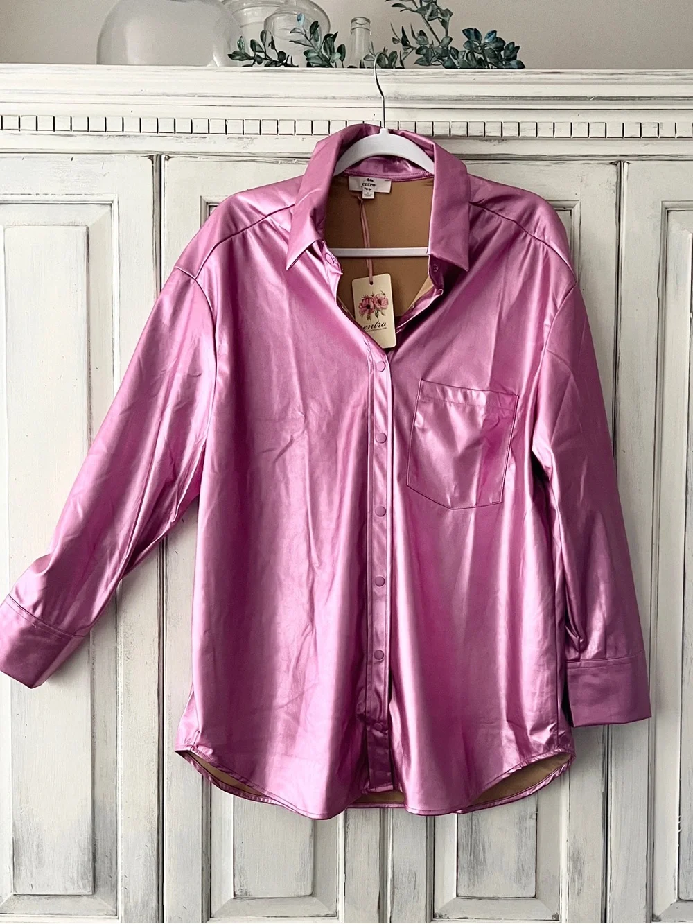 🟠NWT ENTRO Metallic Snap Button Down Shacket in Pink - Picture 8 of 12